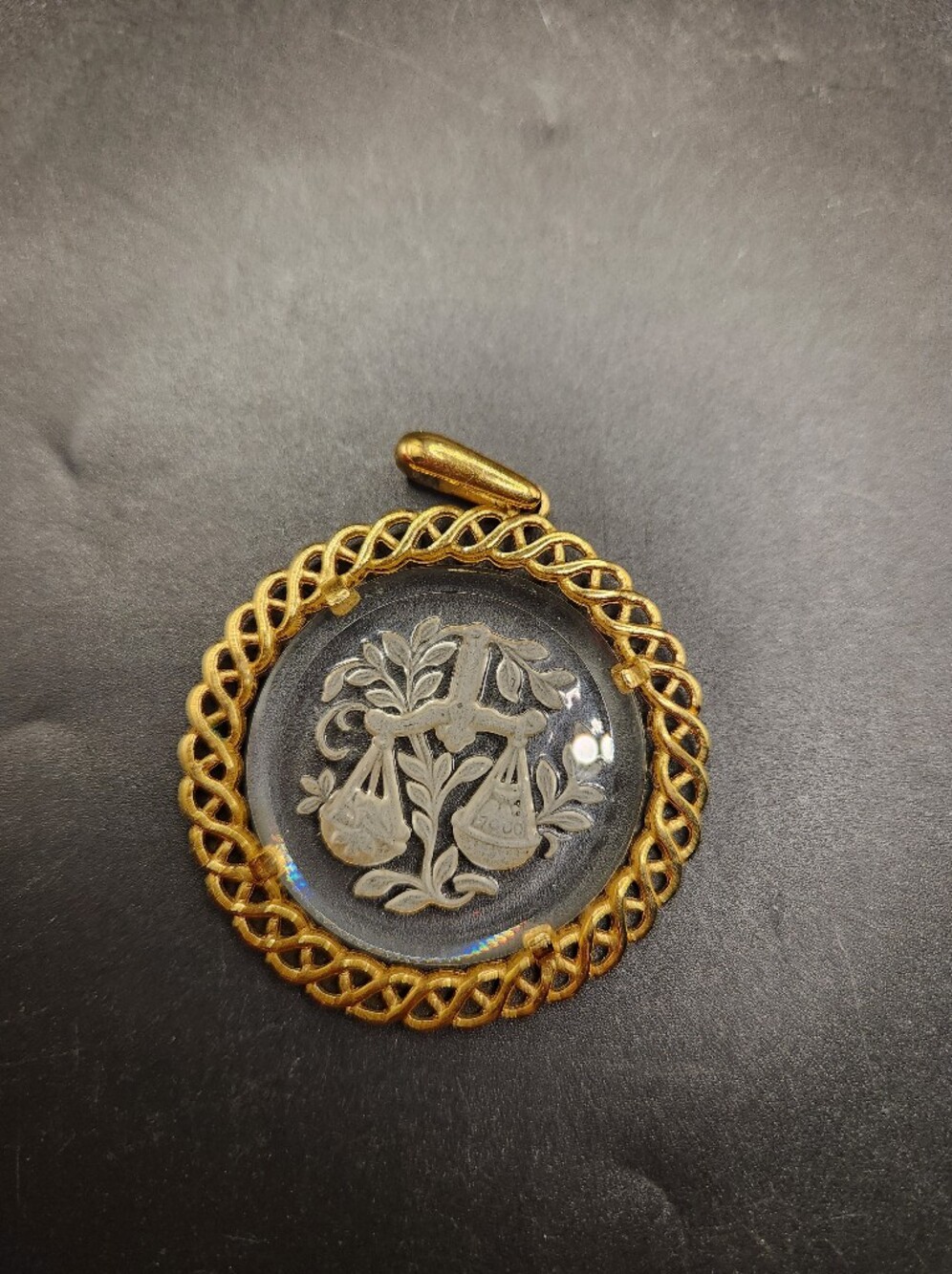 Trifari Gold-Tone Braided Frame Glass Cameo Pendant with Floral Relief